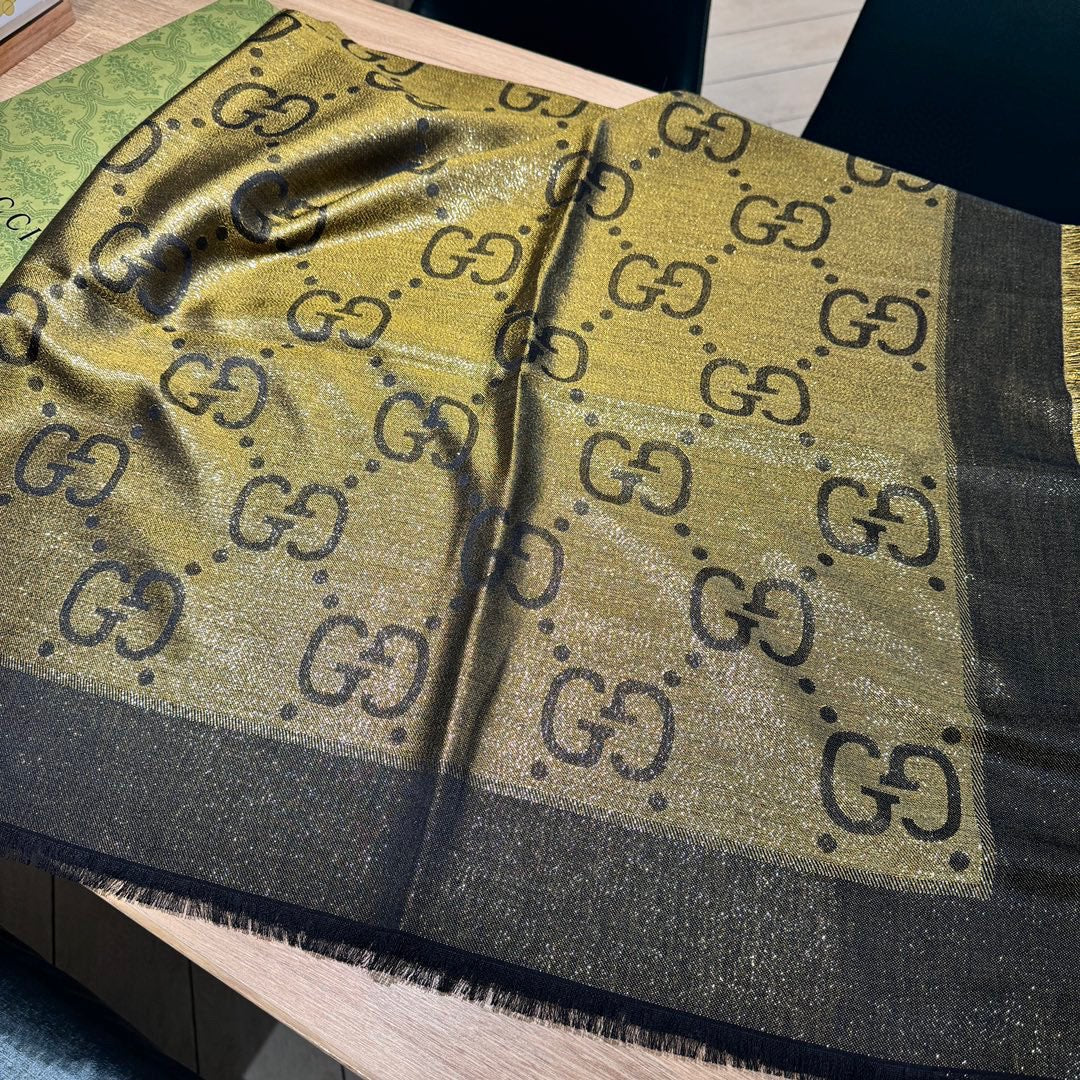 JACQUARD SILK WOOL SHAWL 140 CM ANTIQUE GOLD 401258 mysite
