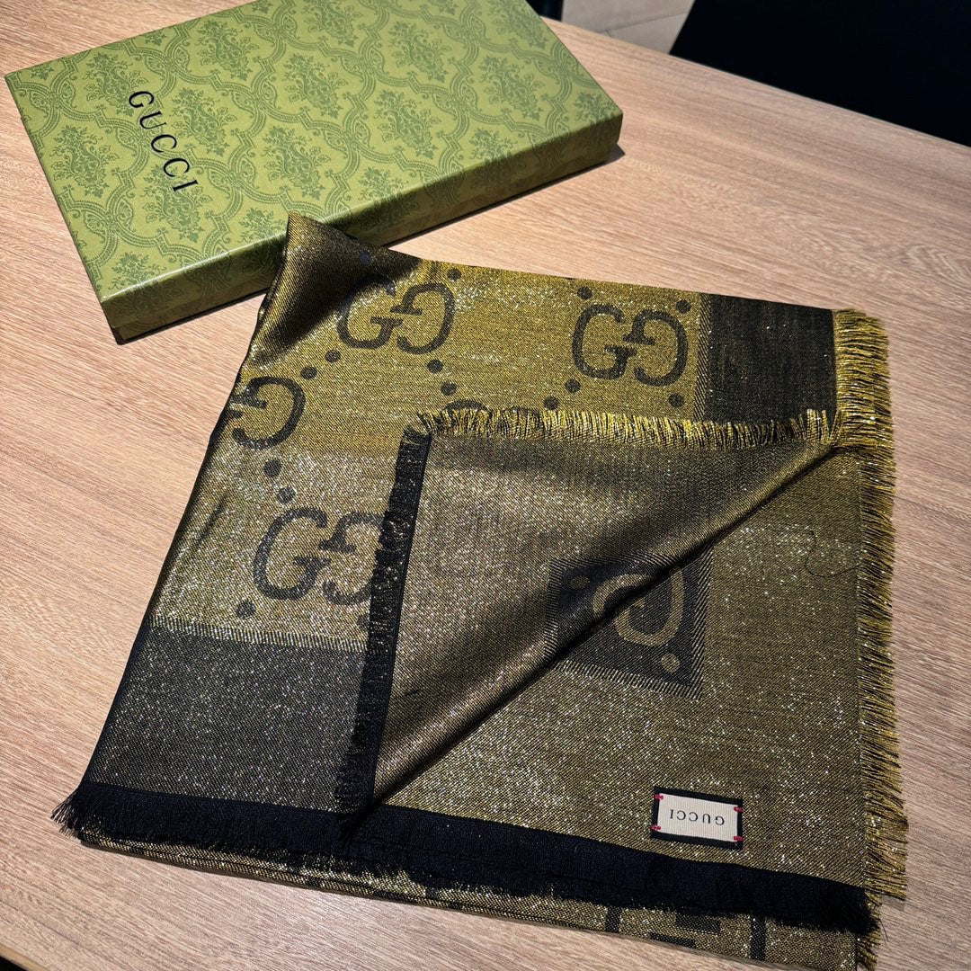 JACQUARD SILK WOOL SHAWL 140 CM ANTIQUE GOLD 401258 mysite