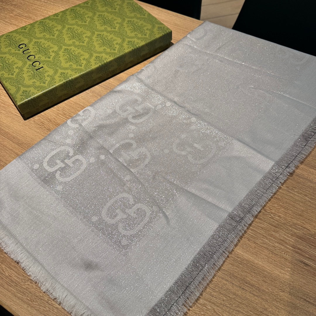 JACQUARD SILK WOOL SHAWL 140 CM SILVER GRAY 401259 mysite