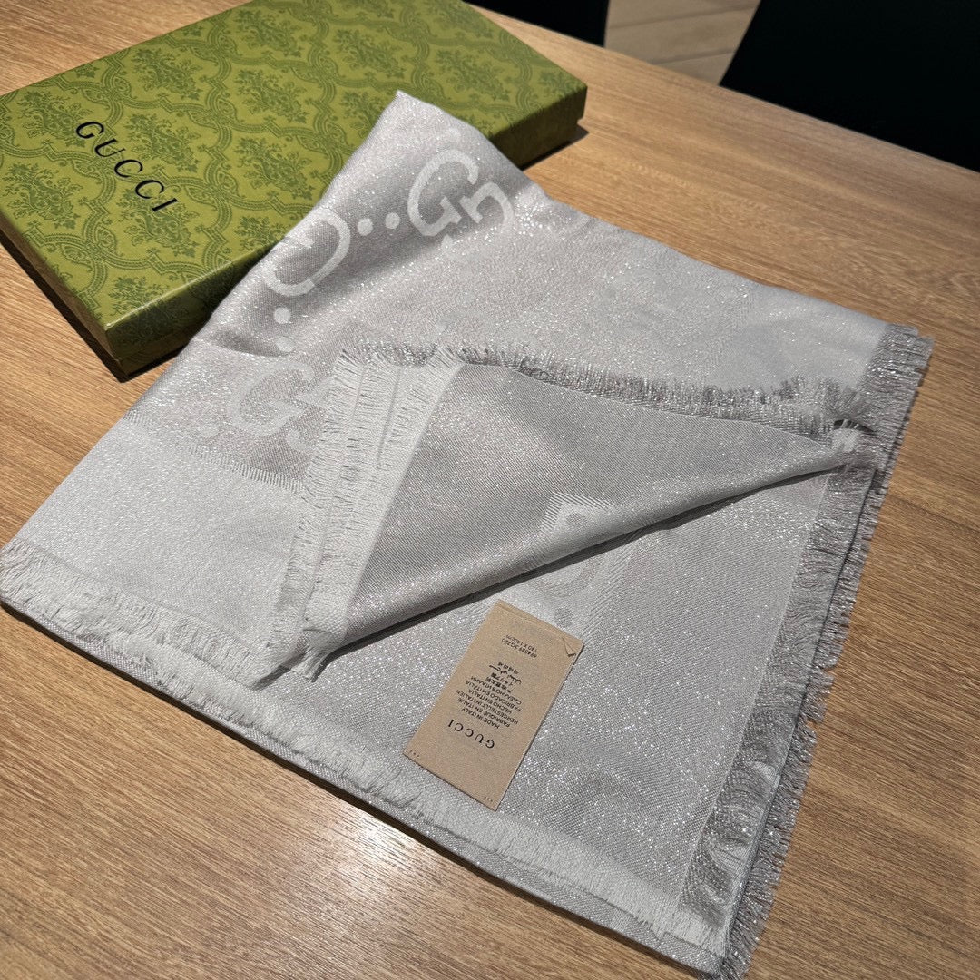 JACQUARD SILK WOOL SHAWL 140 CM SILVER GRAY 401259 mysite