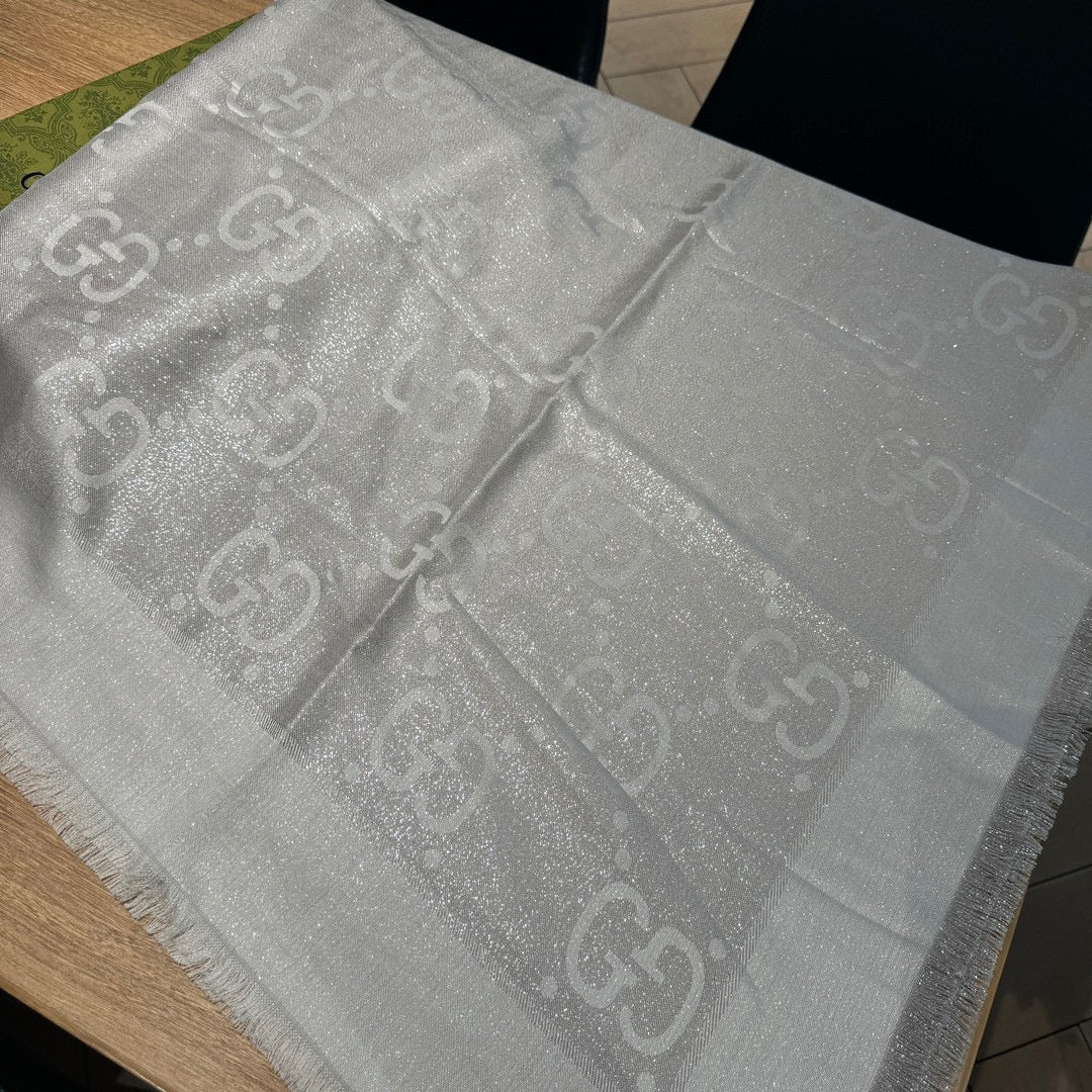 JACQUARD SILK WOOL SHAWL 140 CM SILVER GRAY 401259 mysite