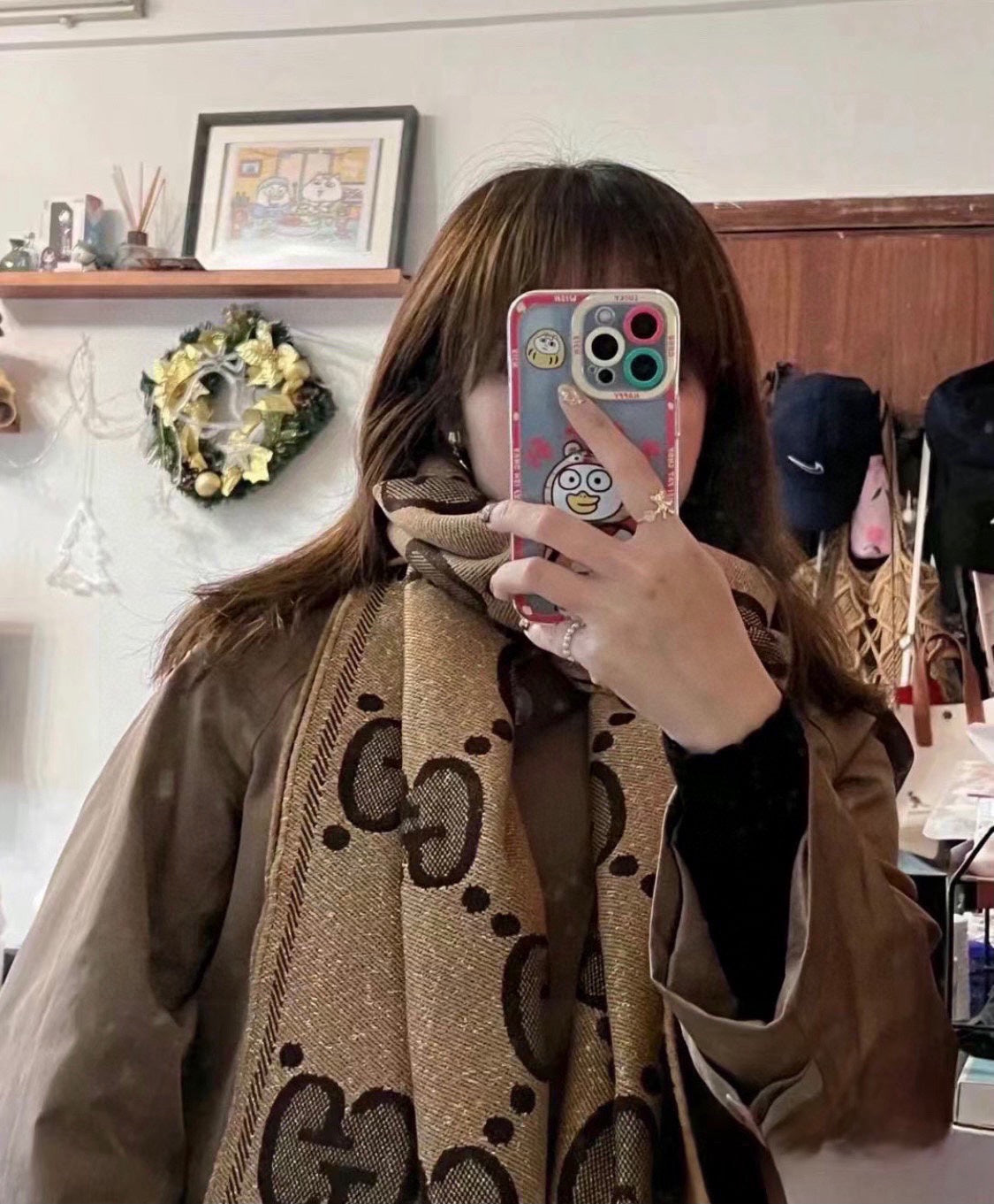 SCARF 195 CM IN BEIGE AND DARK BROWN GG WOOL LAMÉ JACQUARD 403978 mysite