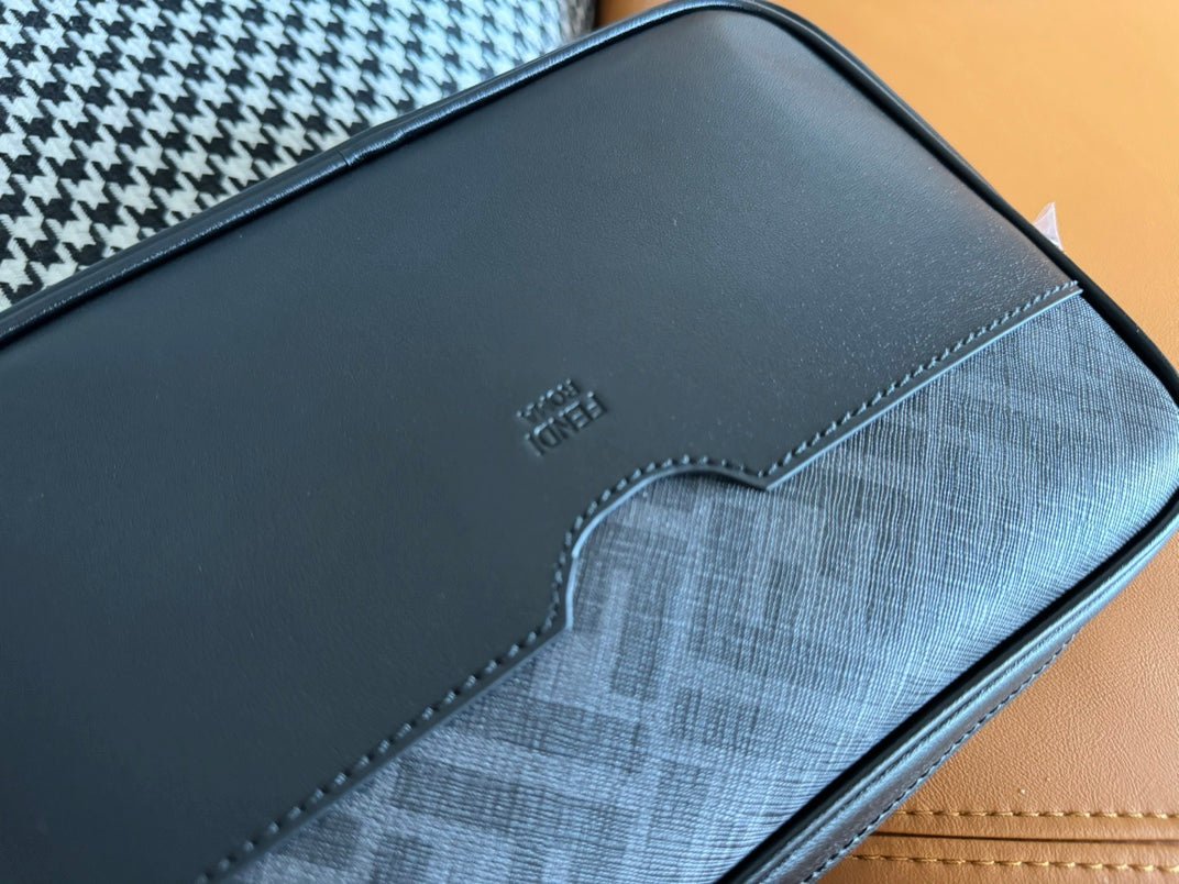 CLUTCH 22 WITH FF MOTIF IN DARK GRAY TEXTURED FABRIC AND BLACK LAMBSKIN TRIM mysite