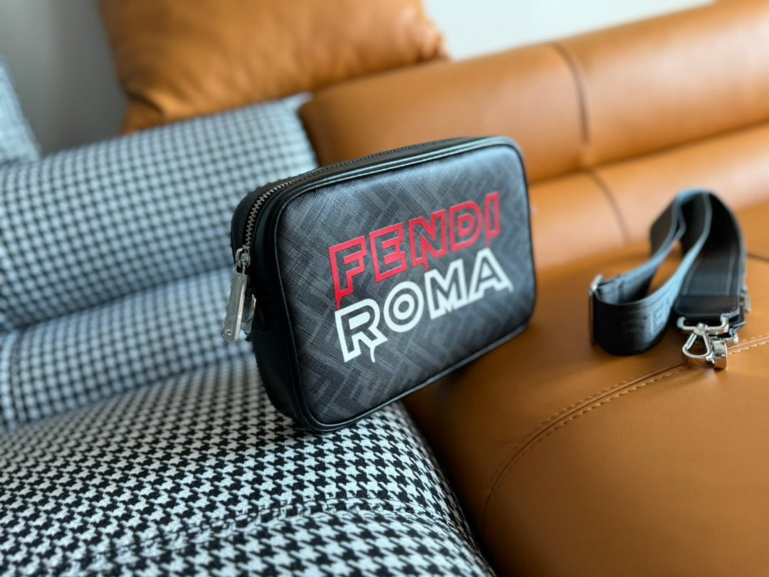 CLUTCH 22 WITH FF MOTIF IN DARK GRAY TEXTURED FABRIC AND BLACK LAMBSKIN TRIM mysite