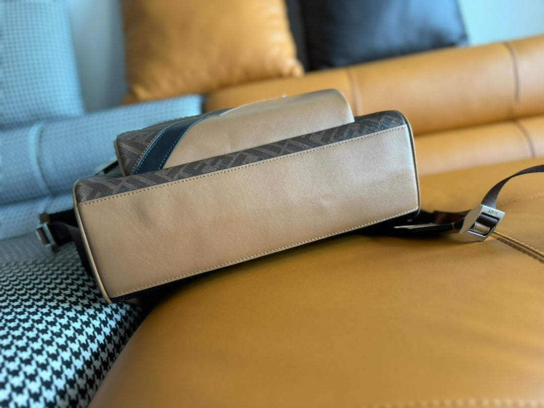 FENDI 44 MINI BACKPACK IN CAMEL BROWN MONOGRAM JACQUARD FABRIC AND CALFSKIN mysite