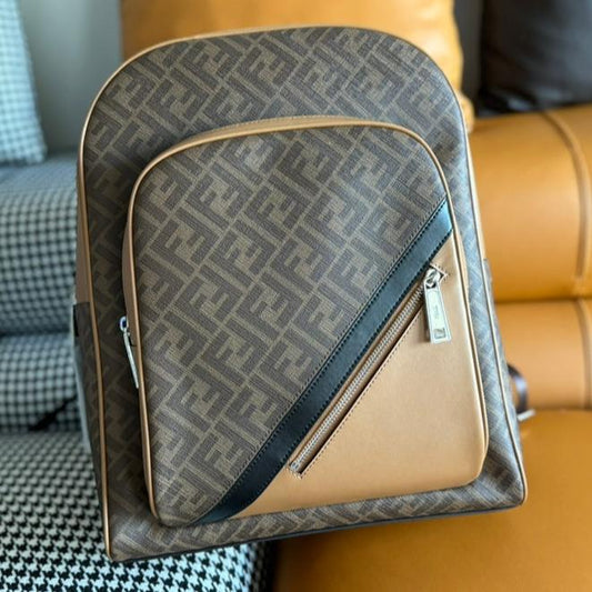 FENDI 44 MINI BACKPACK IN CAMEL BROWN MONOGRAM JACQUARD FABRIC AND CALFSKIN mysite