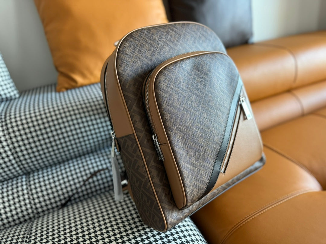 FENDI 44 MINI BACKPACK IN CAMEL BROWN MONOGRAM JACQUARD FABRIC AND CALFSKIN mysite