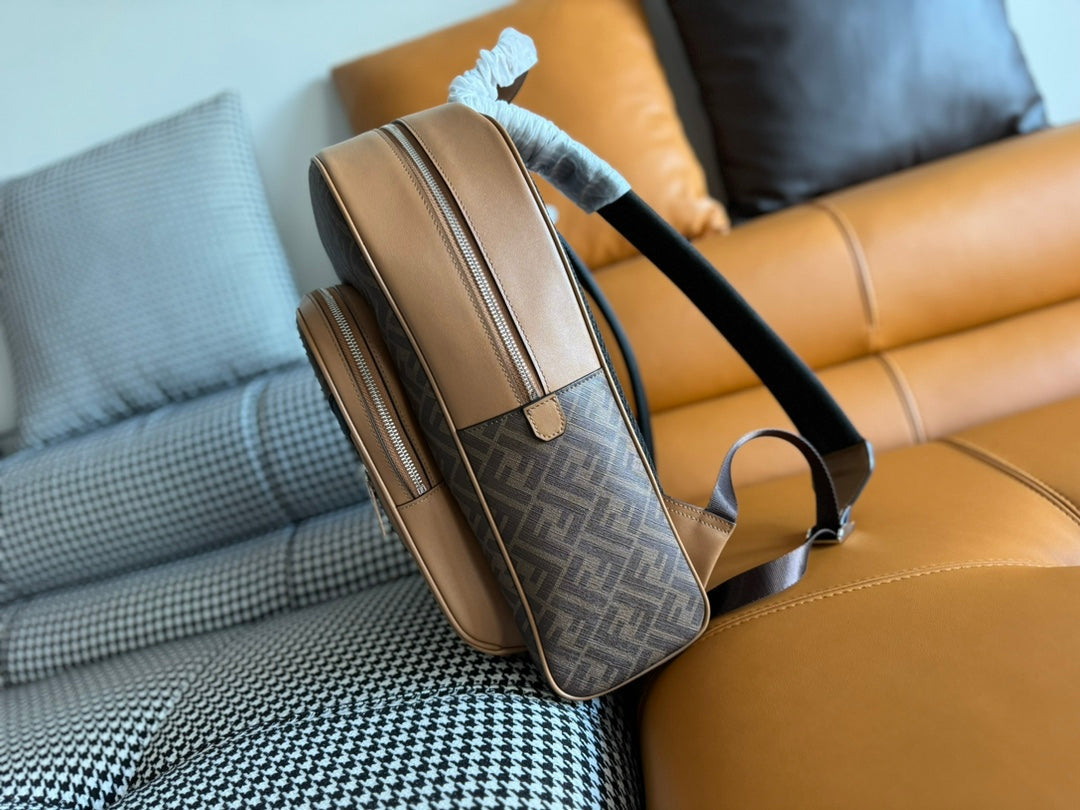 FENDI 44 MINI BACKPACK IN CAMEL BROWN MONOGRAM JACQUARD FABRIC AND CALFSKIN mysite