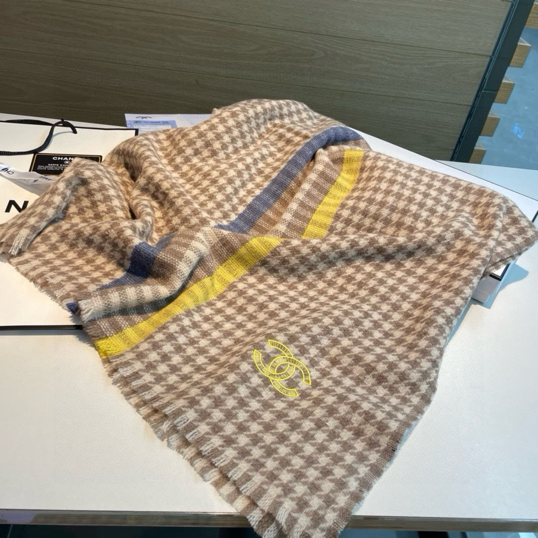 SCARF 190 CM IN PEANUT BROWN CHECKERED PATTERN CASHMERE 387911 mysite