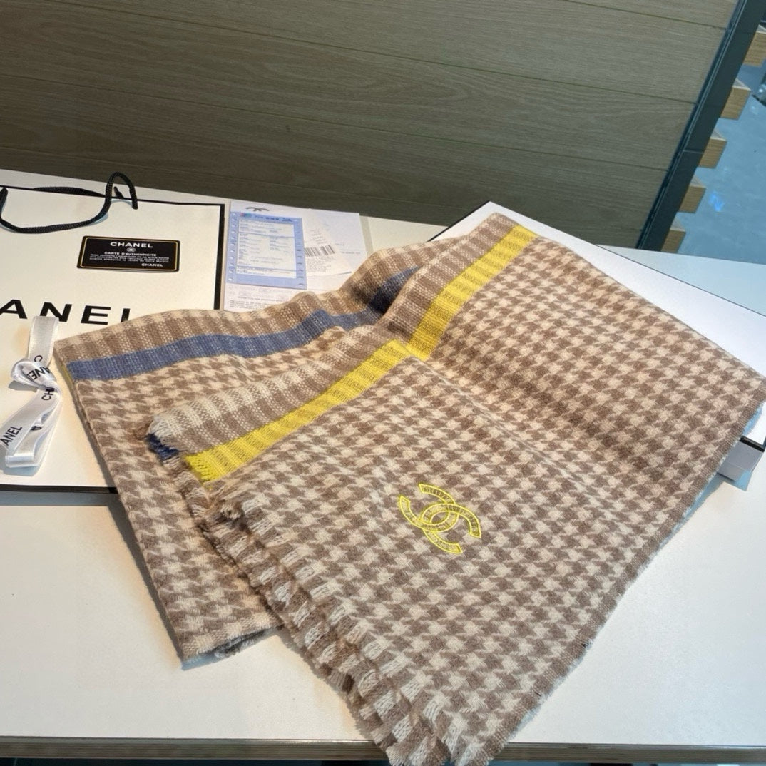 SCARF 190 CM IN PEANUT BROWN CHECKERED PATTERN CASHMERE 387911 mysite