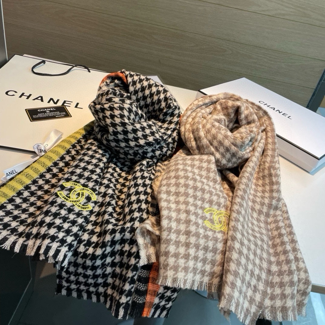 SCARF 190 CM IN PEANUT BROWN CHECKERED PATTERN CASHMERE 387911 mysite