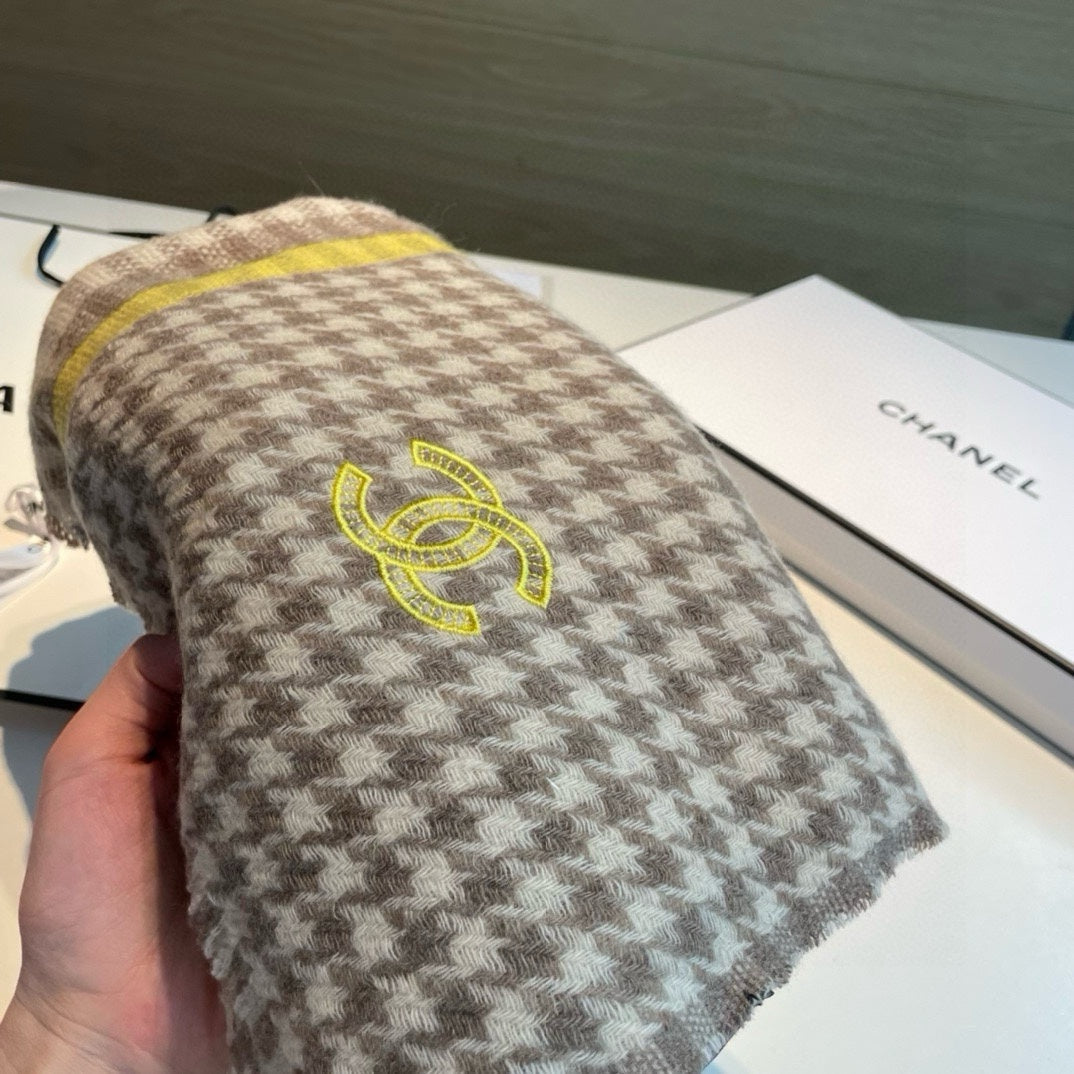 SCARF 190 CM IN PEANUT BROWN CHECKERED PATTERN CASHMERE 387911 mysite