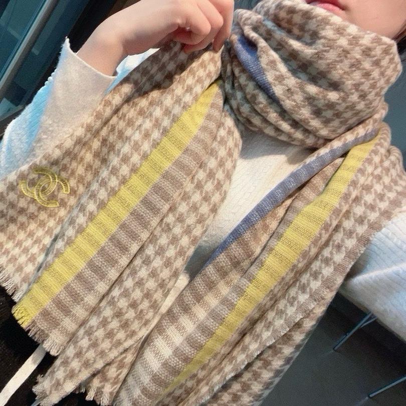 SCARF 190 CM IN PEANUT BROWN CHECKERED PATTERN CASHMERE 387911 mysite