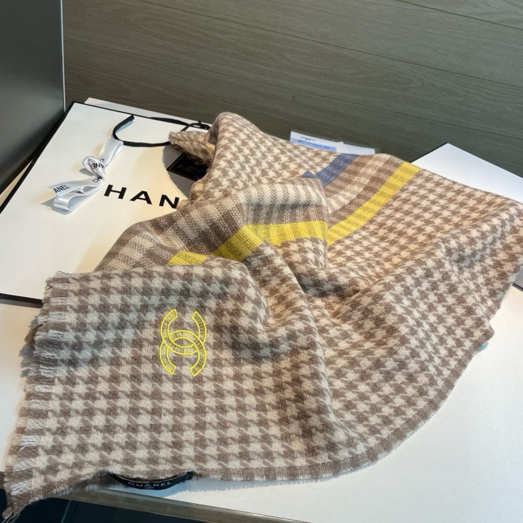 SCARF 190 CM IN PEANUT BROWN CHECKERED PATTERN CASHMERE 387911 mysite