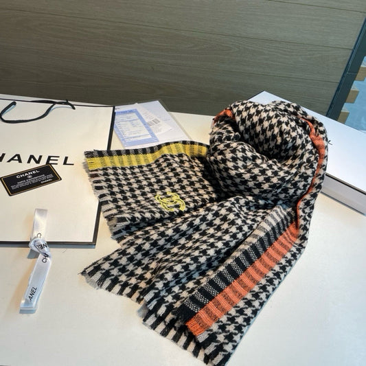 SCARF 190 CM IN BLACK CHECKERED PATTERN CASHMERE 387912 mysite