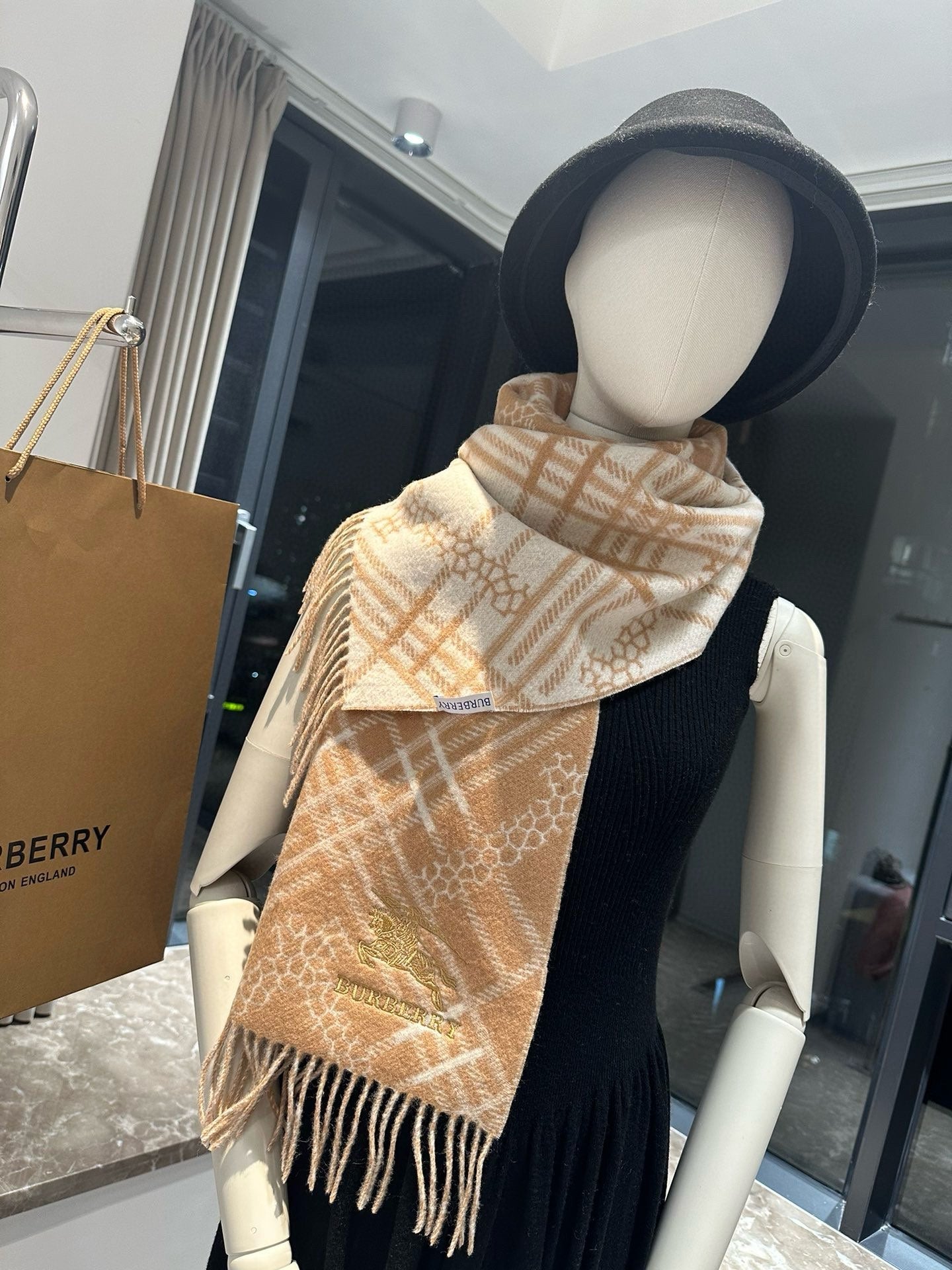 CLASSIC CHECK SCARF 168 CM IN CIDER BROWN CASHMERE 396322 mysite