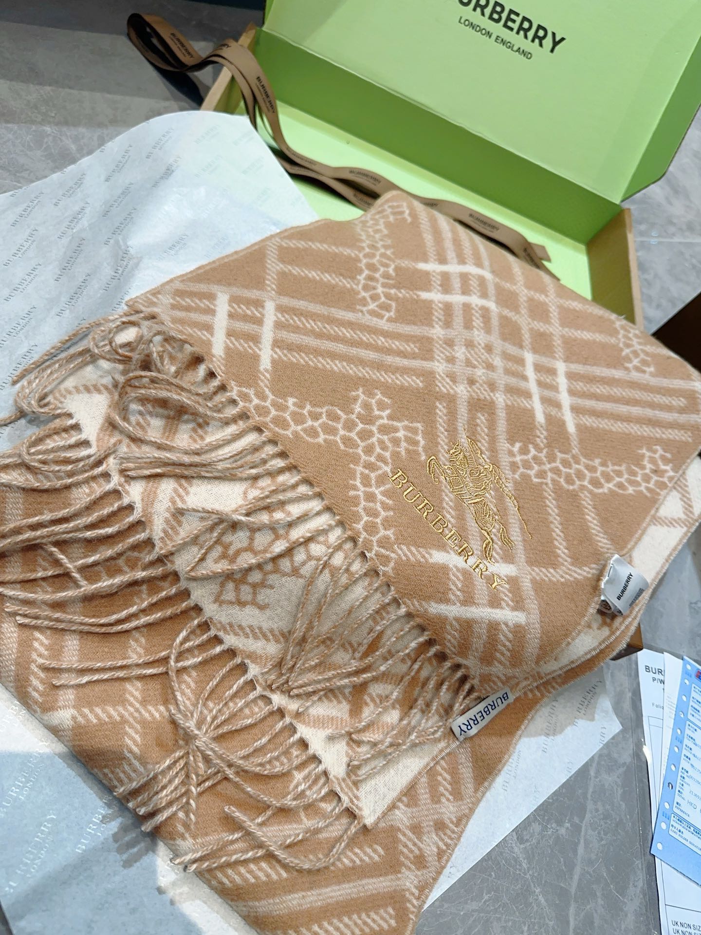 CLASSIC CHECK SCARF 168 CM IN CIDER BROWN CASHMERE 396322 mysite