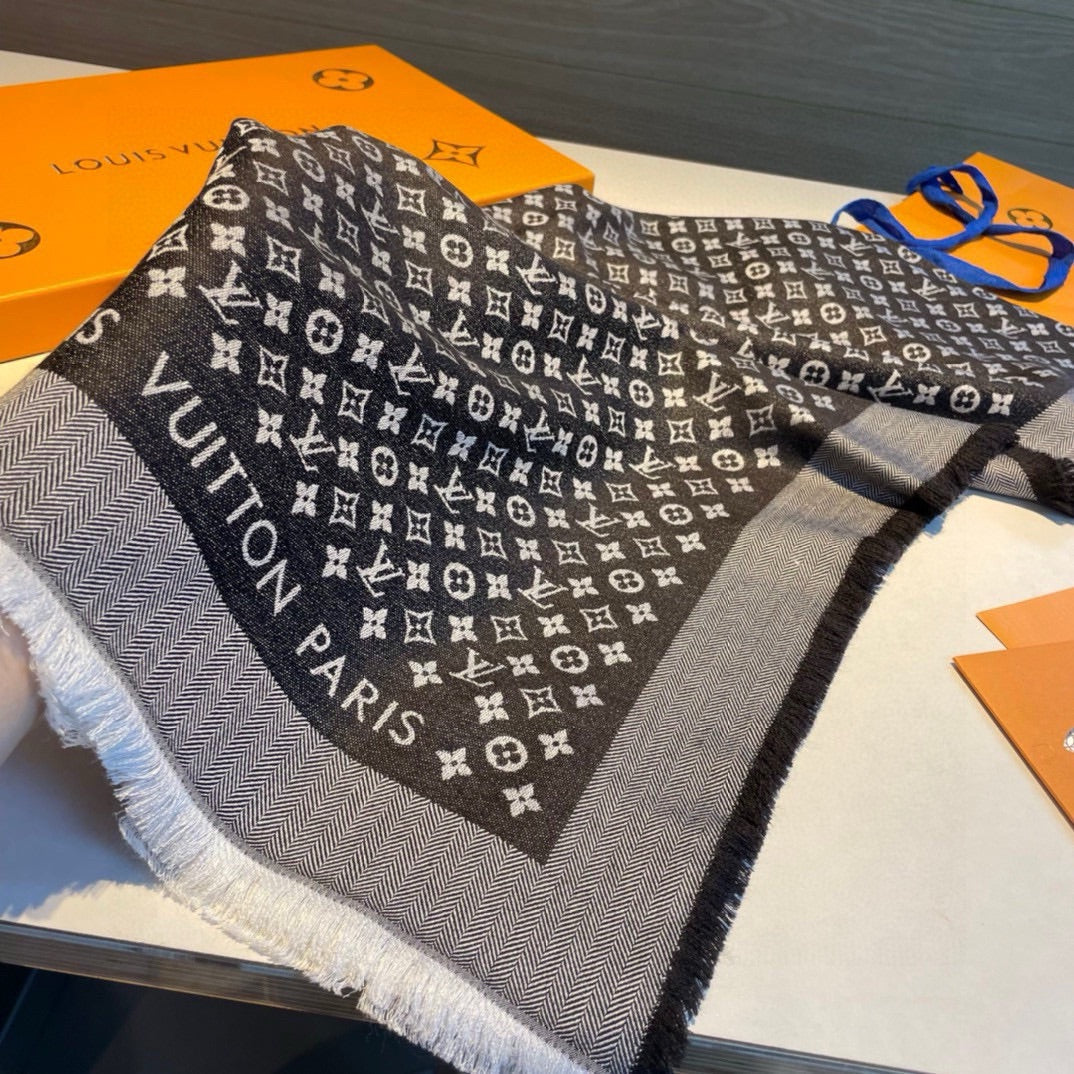 MONOGRAM SHINE SCARF 120 CM IN BLACK WOOL AND MULBERRY SILK 398194 mysite