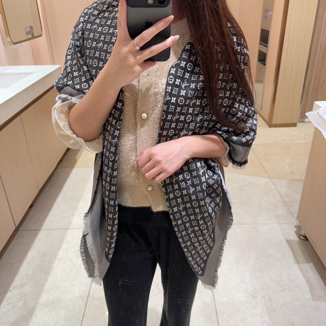 MONOGRAM SHINE SCARF 120 CM IN BLACK WOOL AND MULBERRY SILK 398194 mysite