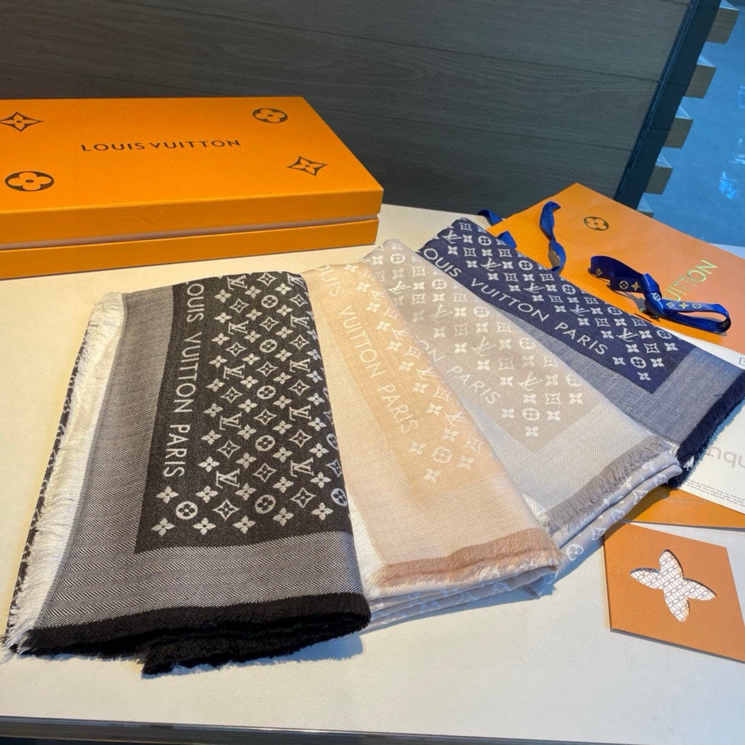 MONOGRAM SHINE SCARF 120 CM IN BLACK WOOL AND MULBERRY SILK 398194 mysite