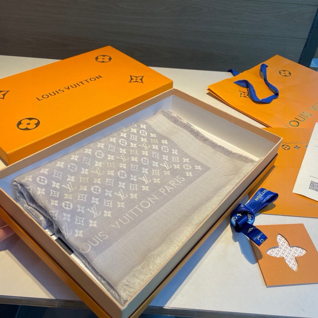 MONOGRAM SHINE SCARF 120 CM IN PASTEL GRAY WOOL AND MULBERRY SILK 398195 mysite