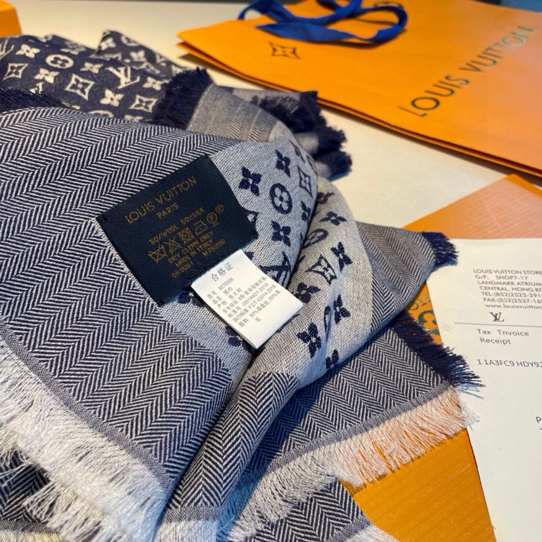 MONOGRAM SHINE SCARF 120 CM IN NAVY BLUE WOOL AND MULBERRY SILK 398196 mysite