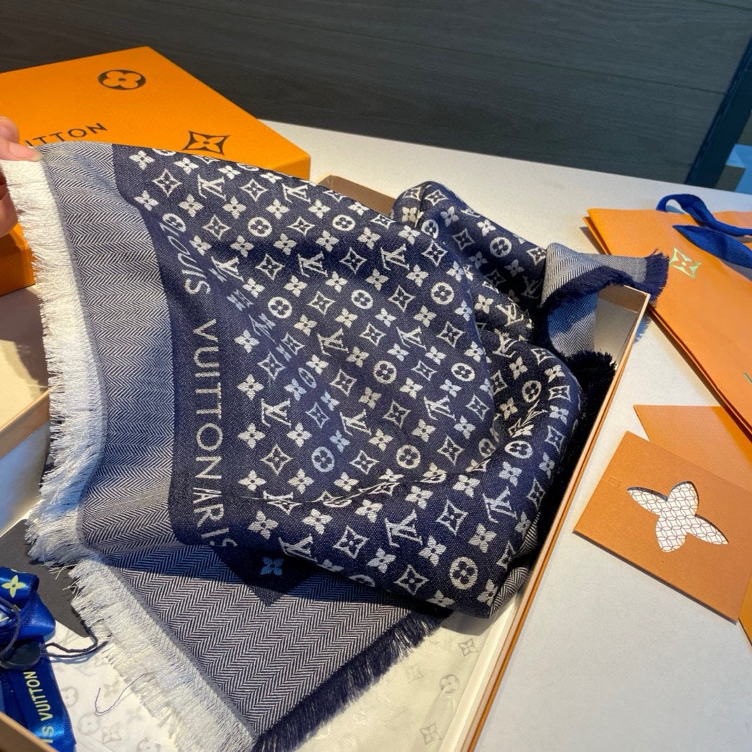 MONOGRAM SHINE SCARF 120 CM IN NAVY BLUE WOOL AND MULBERRY SILK 398196 mysite