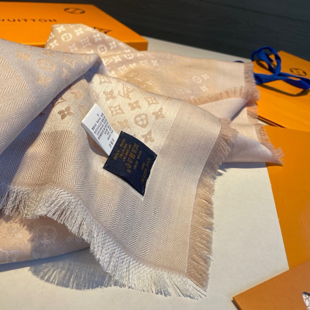 MONOGRAM SHINE SCARF 120 CM IN METALLIC BEIGE WOOL AND MULBERRY SILK 398197 mysite