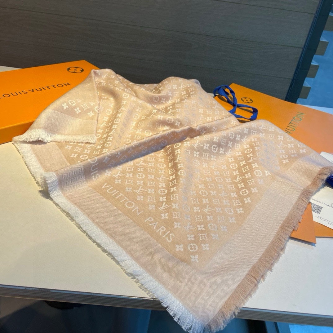 MONOGRAM SHINE SCARF 120 CM IN METALLIC BEIGE WOOL AND MULBERRY SILK 398197 mysite