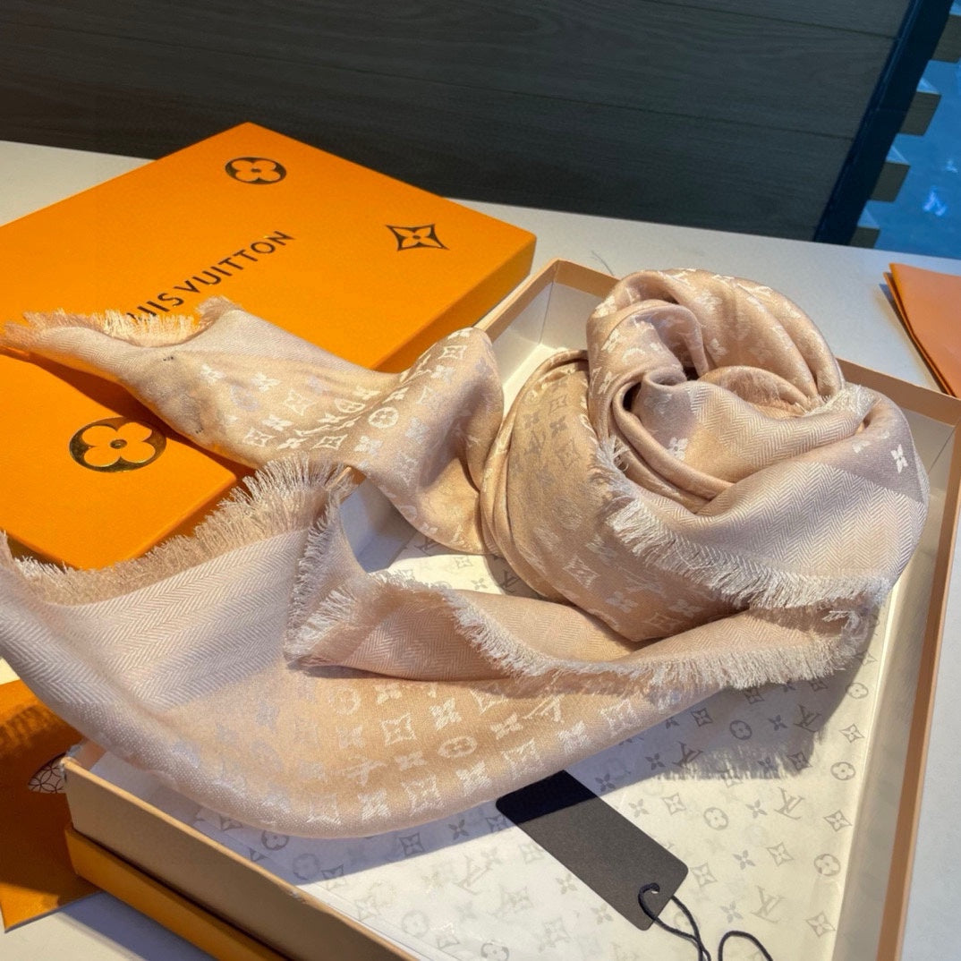 MONOGRAM SHINE SCARF 120 CM IN METALLIC BEIGE WOOL AND MULBERRY SILK 398197 mysite