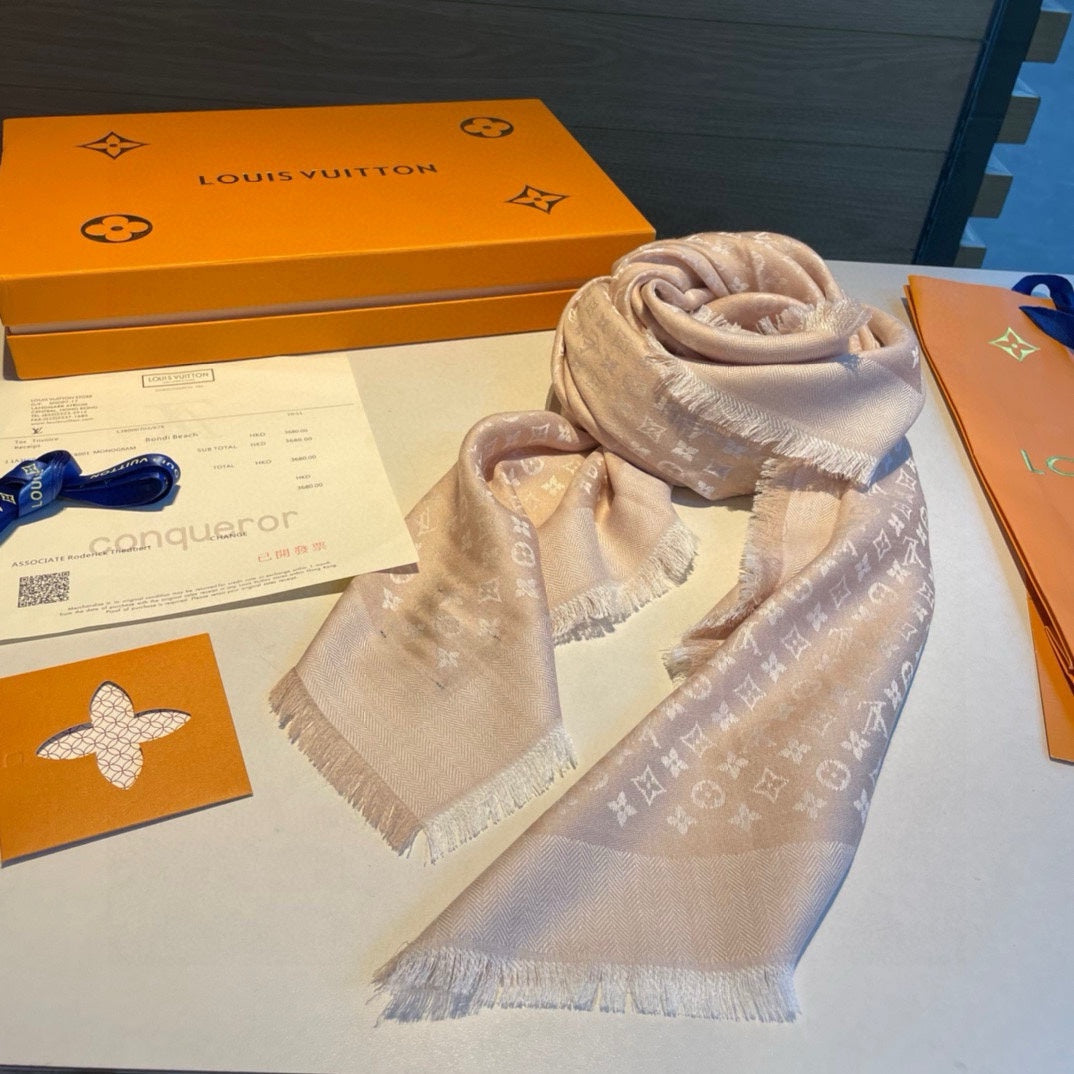 MONOGRAM SHINE SCARF 120 CM IN METALLIC BEIGE WOOL AND MULBERRY SILK 398197 mysite