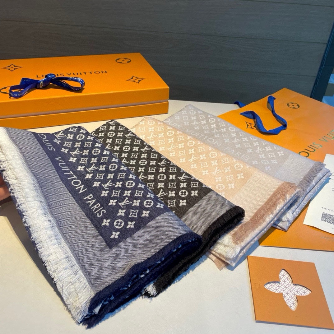 MONOGRAM SHINE SCARF 120 CM IN METALLIC BEIGE WOOL AND MULBERRY SILK 398197 mysite