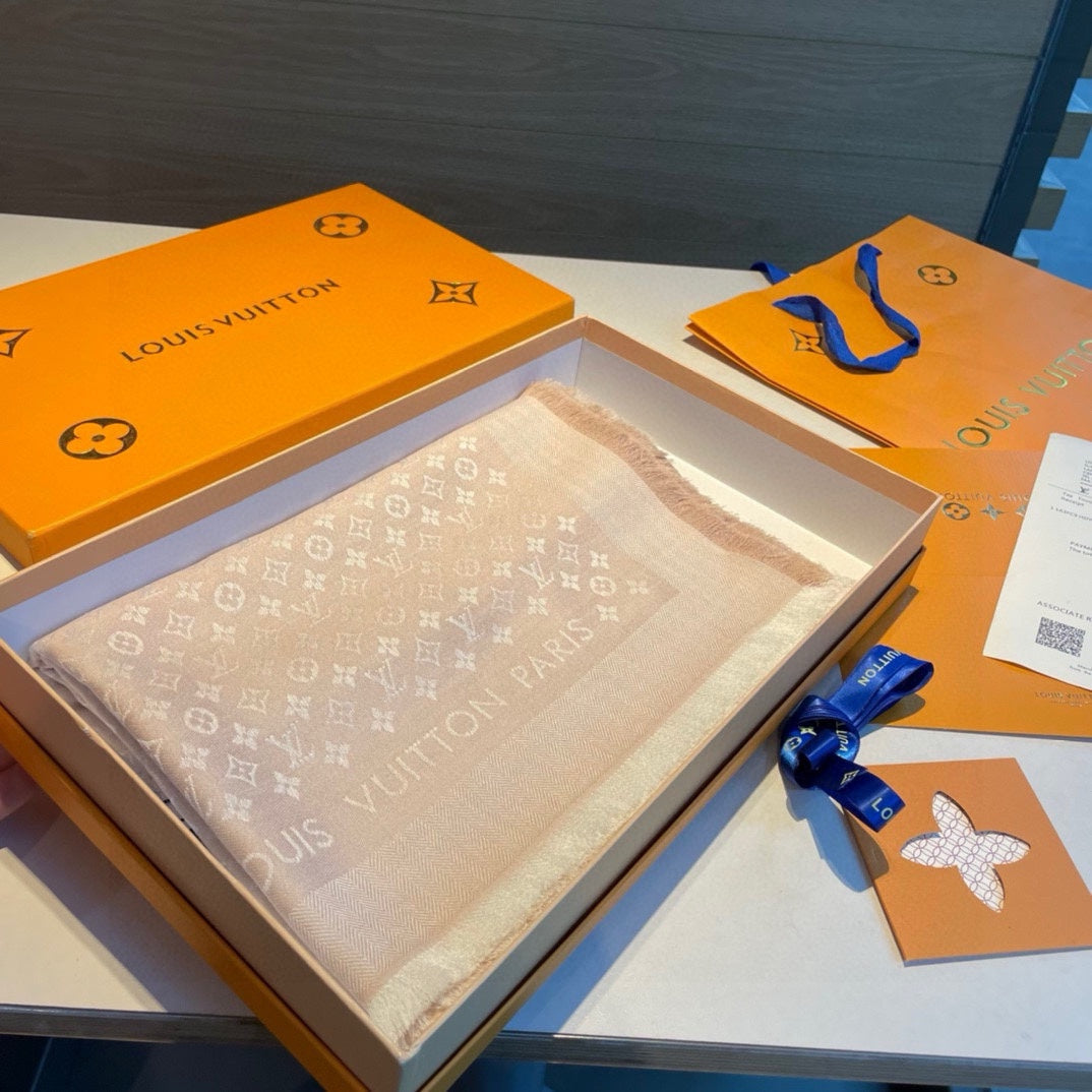 MONOGRAM SHINE SCARF 120 CM IN METALLIC BEIGE WOOL AND MULBERRY SILK 398197 mysite