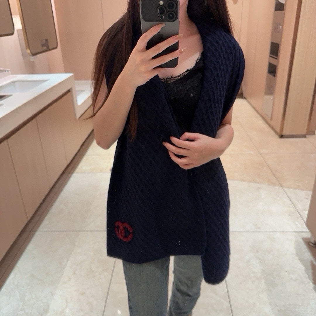 SCARF 170 CM IN NAVY BLUE CASHMERE WITH RED LOGO 401991 mysite