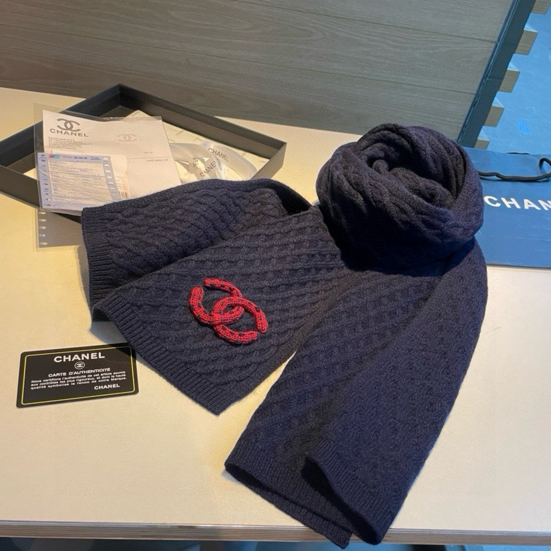 SCARF 170 CM IN NAVY BLUE CASHMERE WITH RED LOGO 401991 mysite