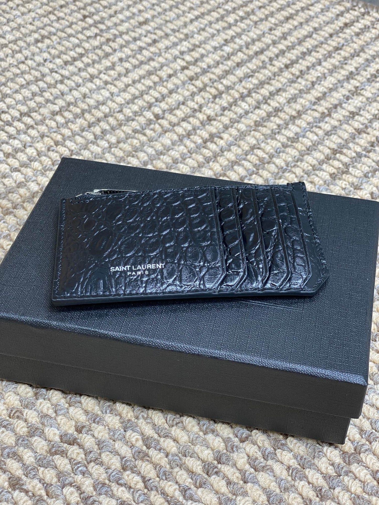 YSL Zip Card Case Black Croc Embossed Leather mysite