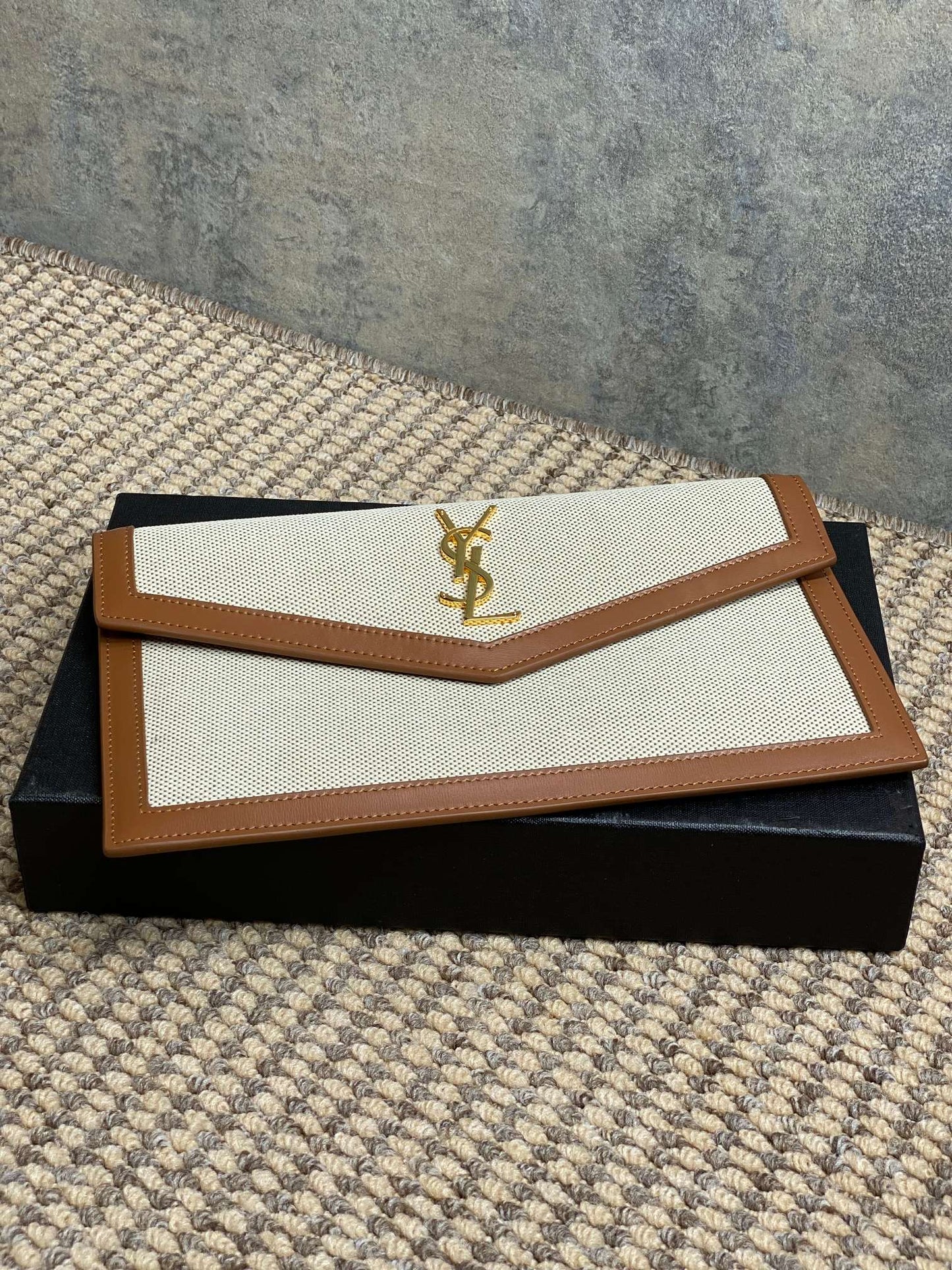 YSL 22s Uptown Pouch Clutch Bag Beige Brown Canvas GHW mysite
