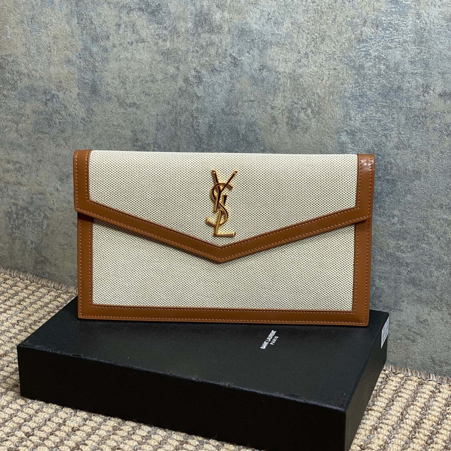 YSL 22s Uptown Pouch Clutch Bag Beige Brown Canvas GHW mysite