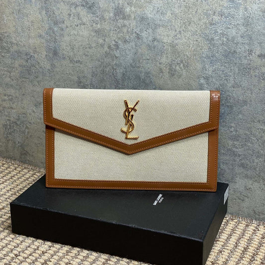 YSL 22s Uptown Pouch Clutch Bag Beige Brown Canvas GHW mysite