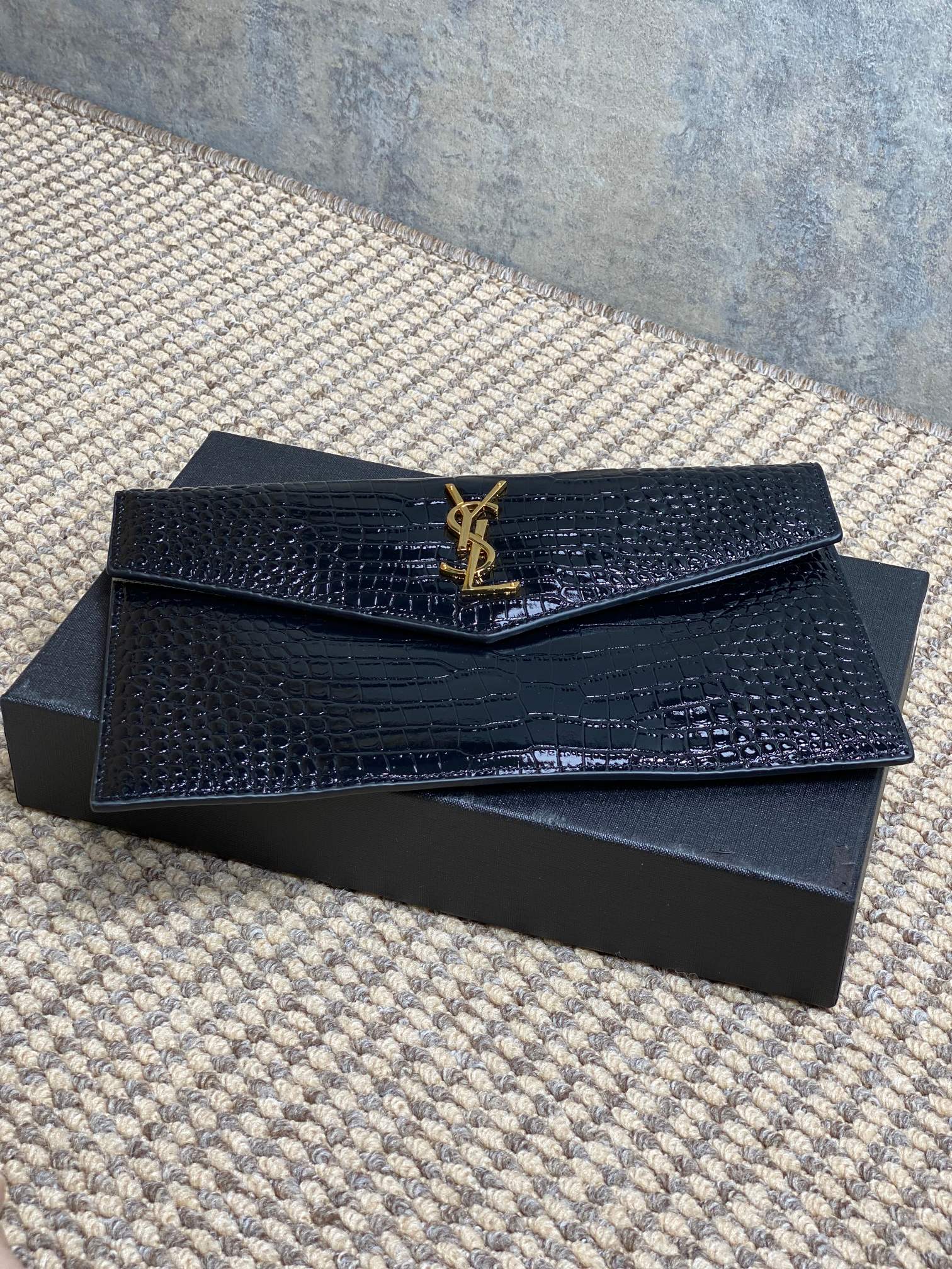 YSL 22s Uptown Pouch Clutch Bag Black Croc Embossed Leather GHW mysite
