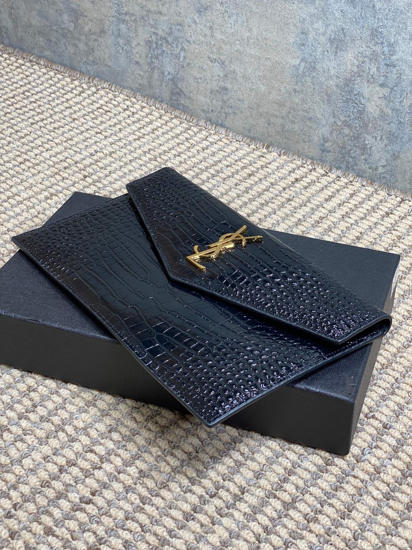 YSL 22s Uptown Pouch Clutch Bag Black Croc Embossed Leather GHW mysite
