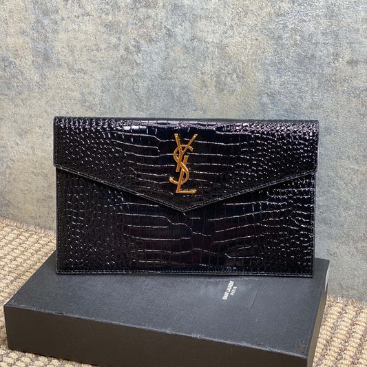 YSL 22s Uptown Pouch Clutch Bag Black Croc Embossed Leather GHW mysite