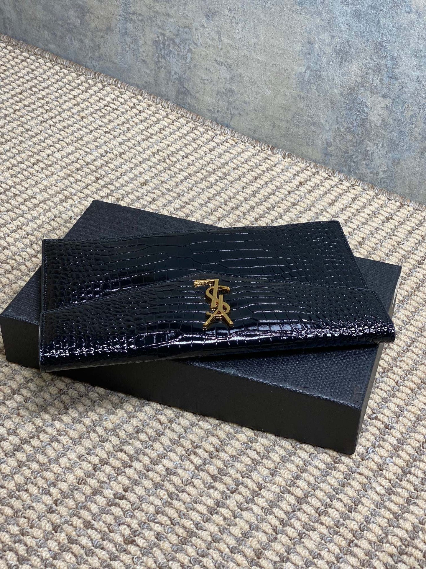 YSL 22s Uptown Pouch Clutch Bag Black Croc Embossed Leather GHW mysite