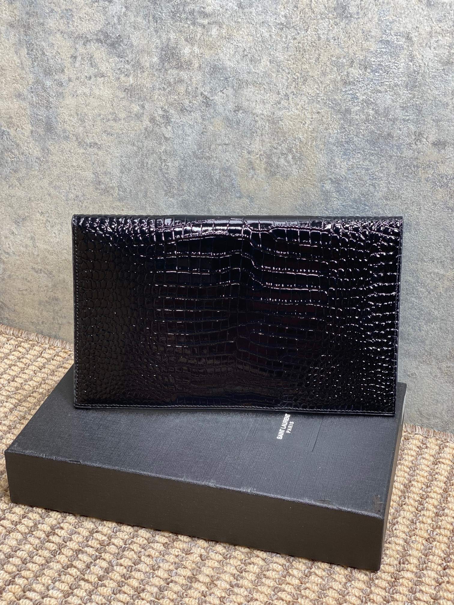 YSL 22s Uptown Pouch Clutch Bag Black Croc Embossed Leather GHW mysite