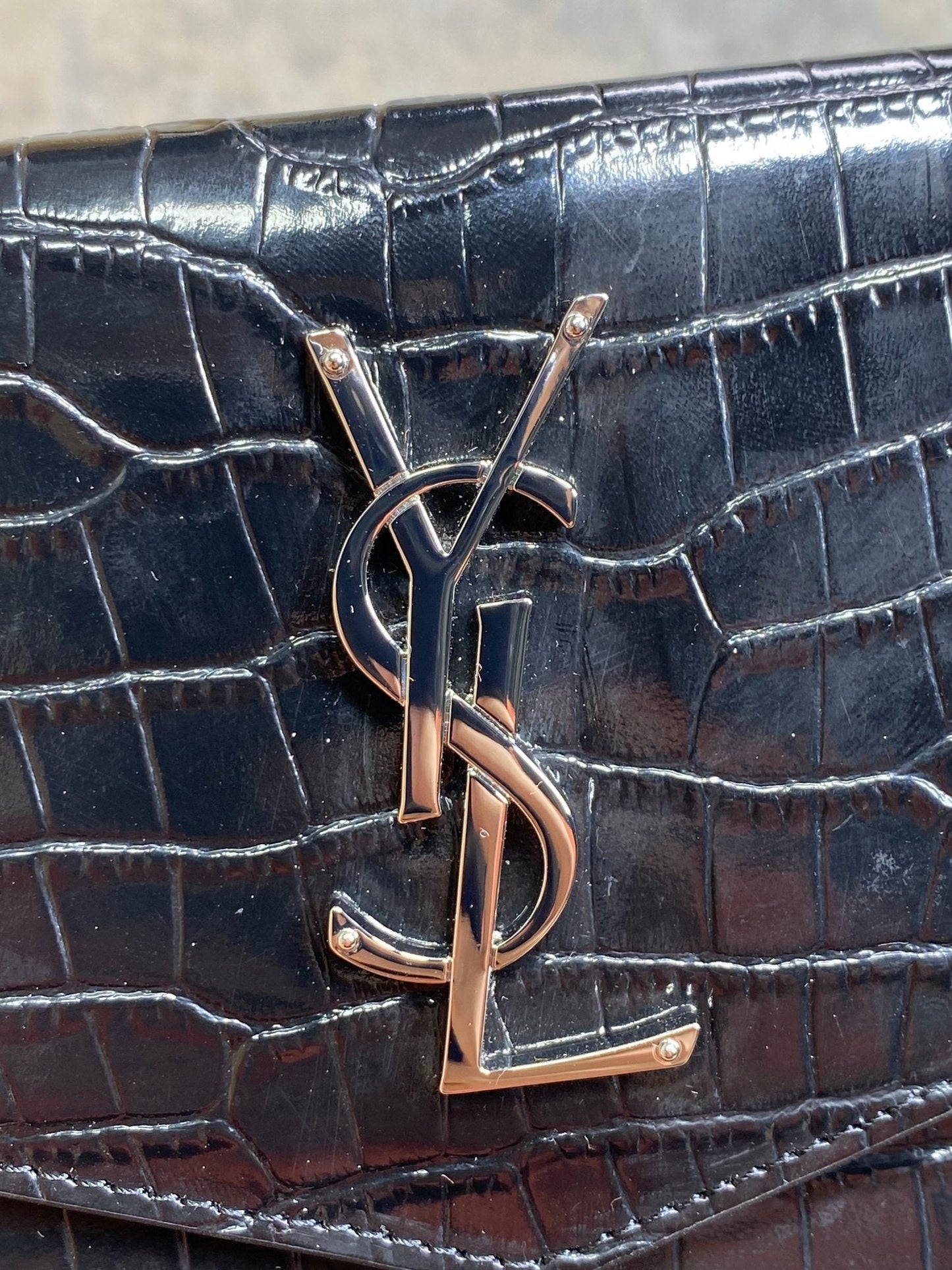 YSL 22s Uptown Pouch Clutch Bag Black Croc Embossed Leather Sliver HW mysite