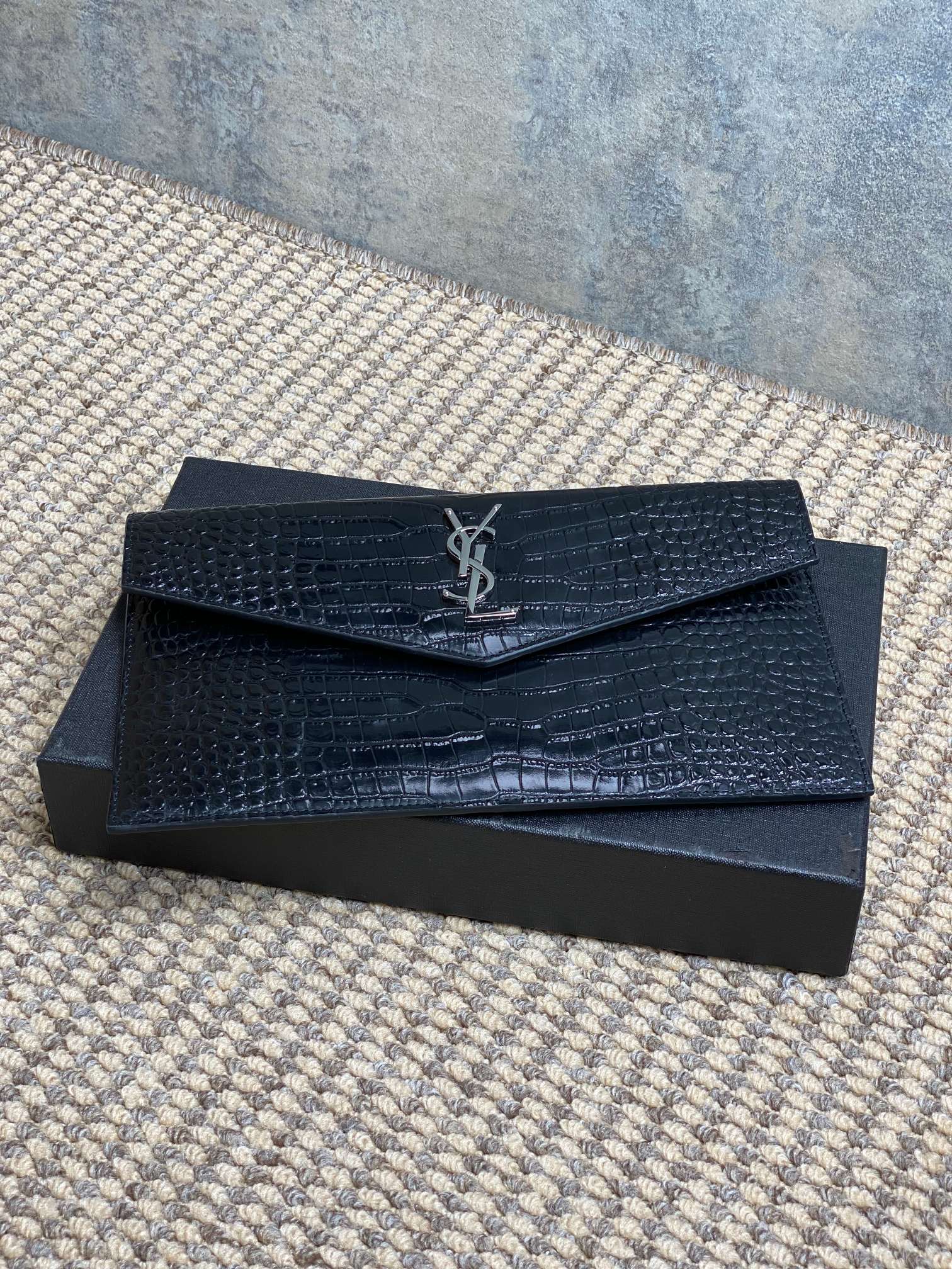 YSL 22s Uptown Pouch Clutch Bag Black Croc Embossed Leather Sliver HW mysite