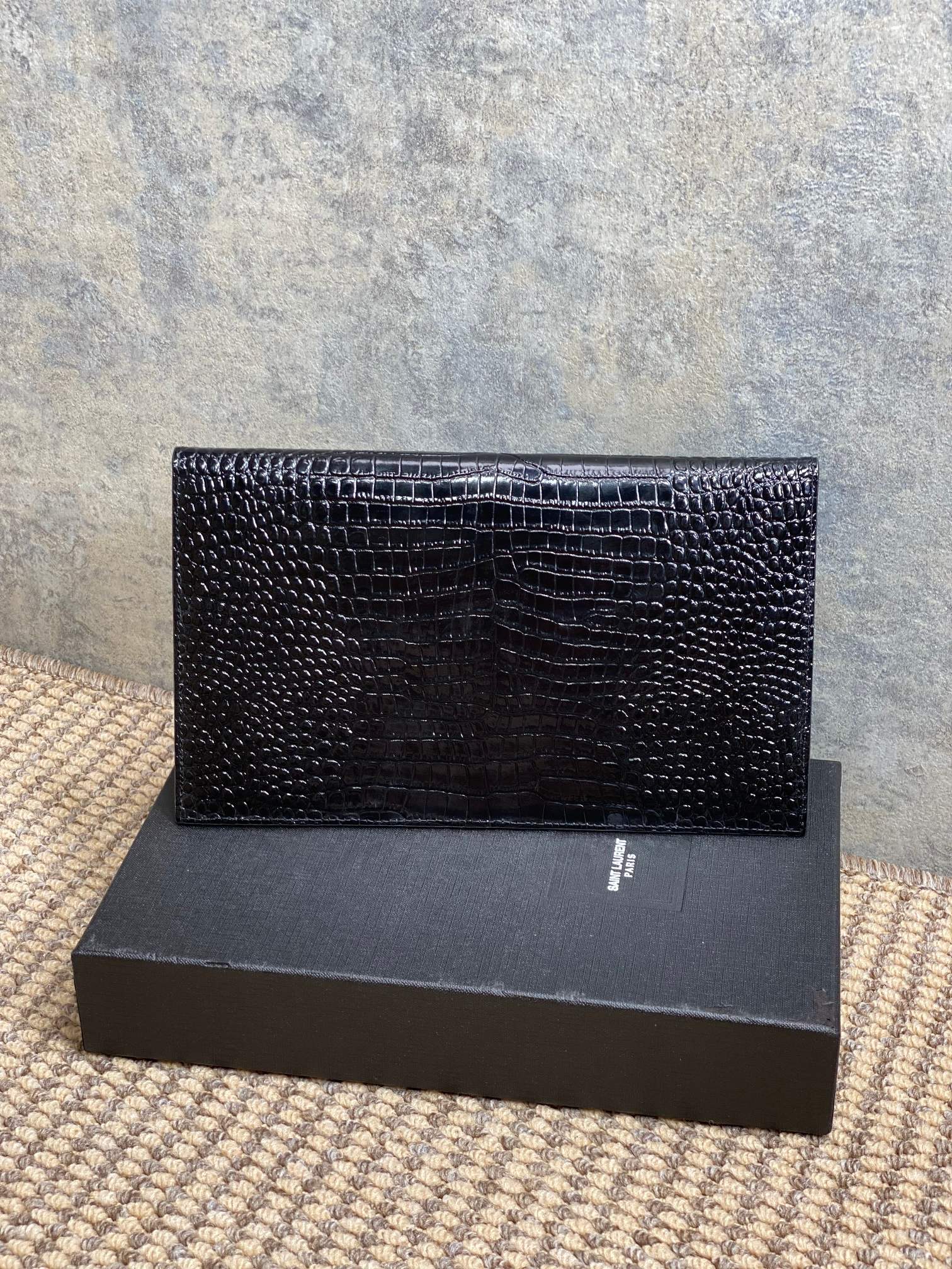 YSL 22s Uptown Pouch Clutch Bag Black Croc Embossed Leather Sliver HW mysite