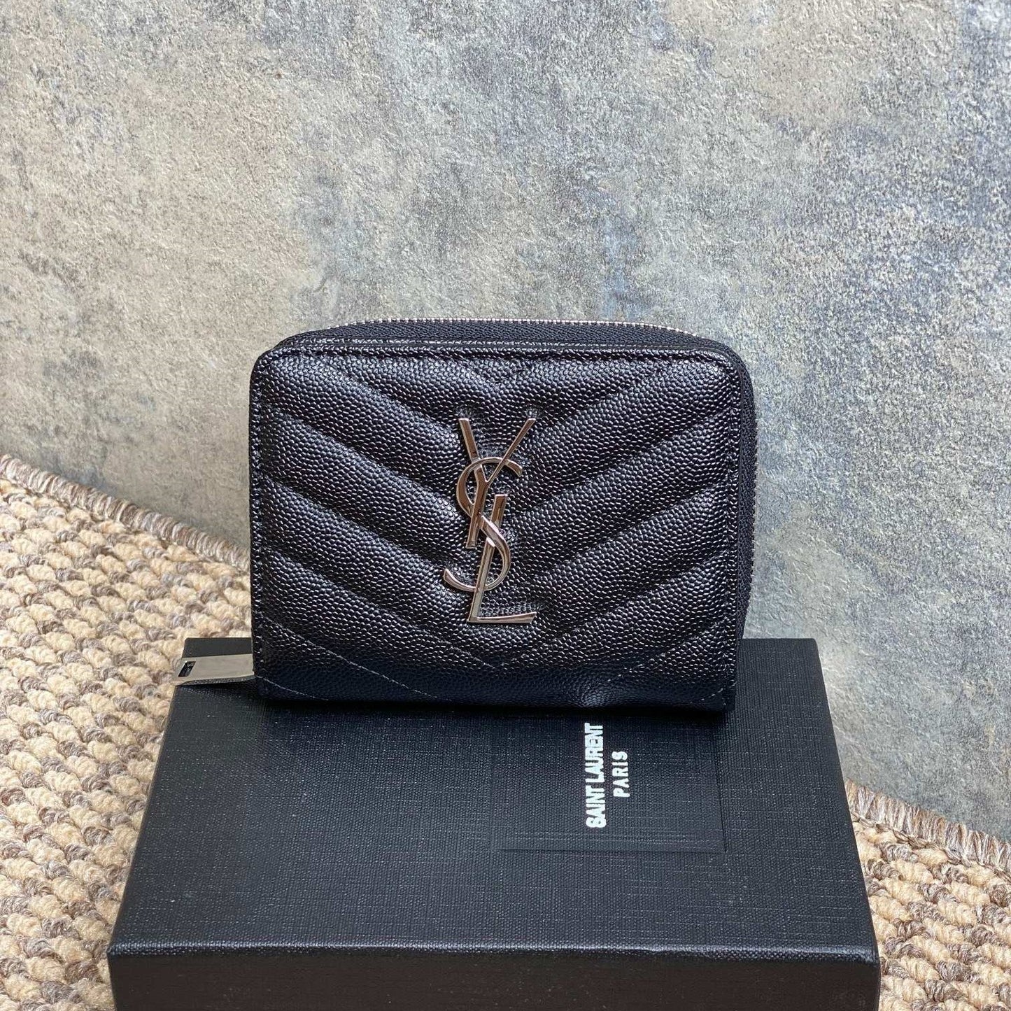 YSL Cassandre Matelassé Compact Zip-Around Wallet Black Caviar Cowhide Sliver HW mysite