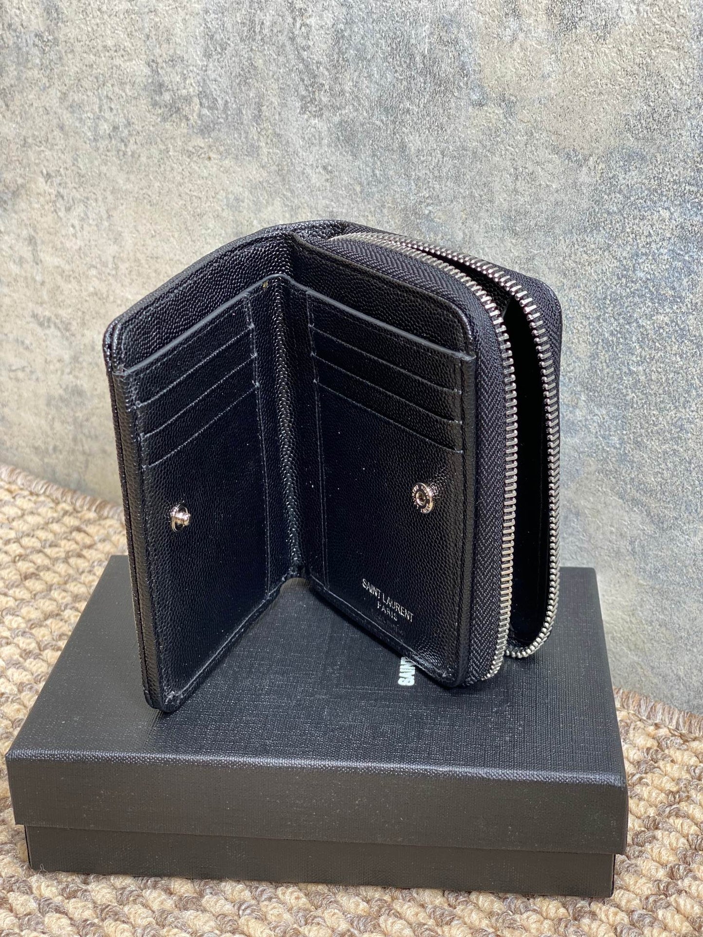 YSL Cassandre Matelassé Compact Zip-Around Wallet Black Caviar Cowhide Sliver HW mysite