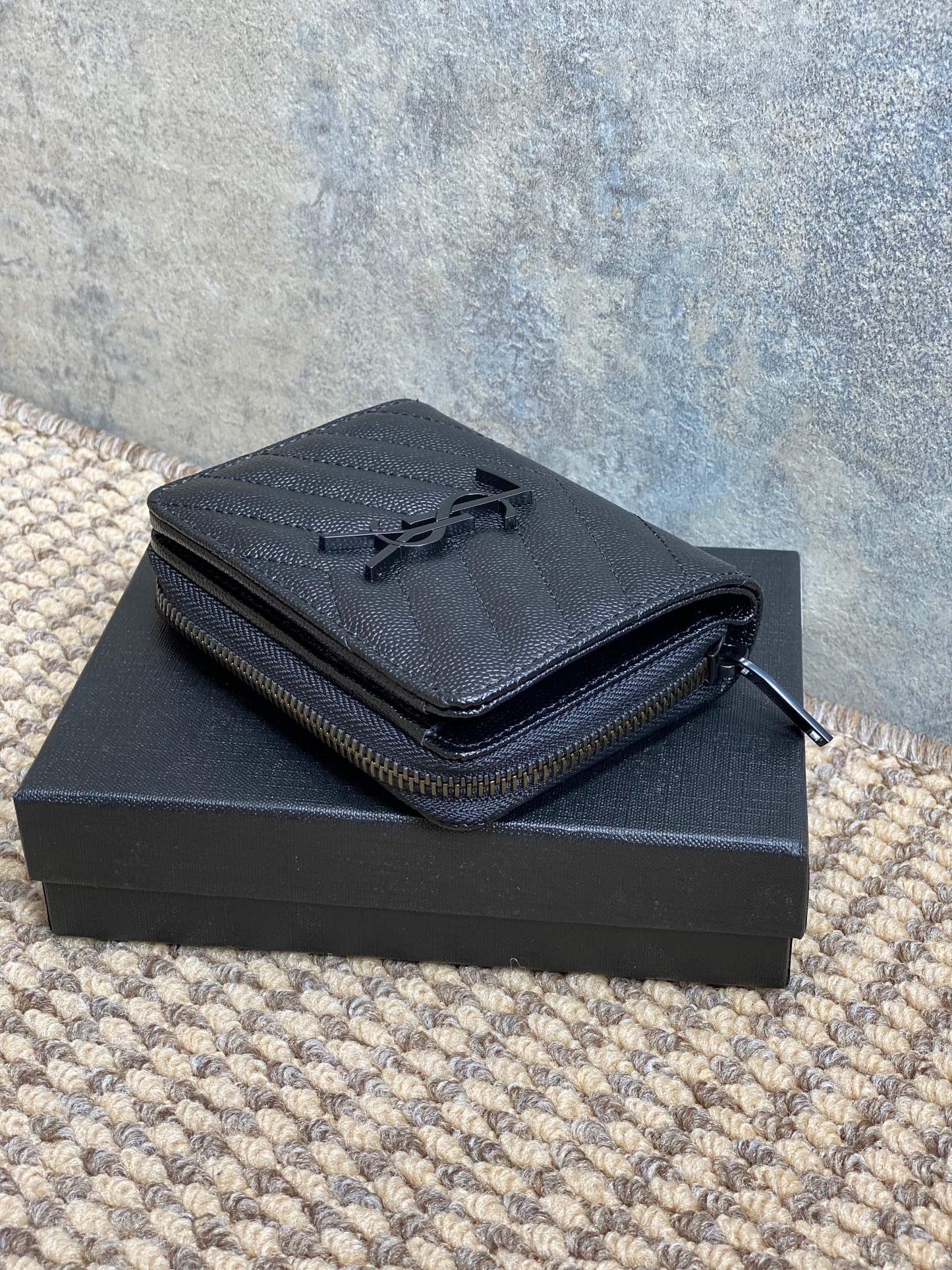 YSL Cassandre Matelassé Compact Zip-Around Wallet Full Black Caviar Cowhide mysite